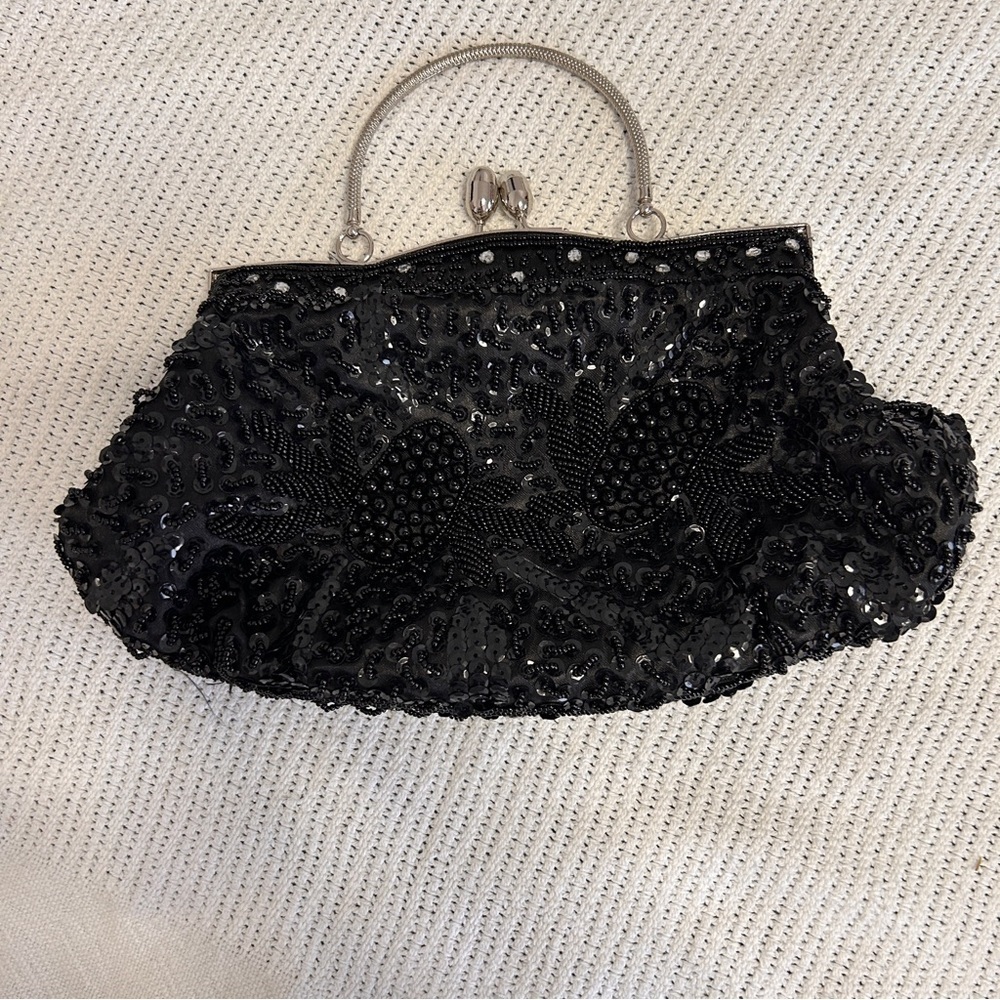 Black Beaded Evening Bag Purse Chain Shoulder Strap Ball Closure *READ